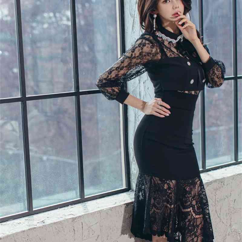 Spring Two Piece Set Fashion Office OL Women Bow Tie Sexy Hollow Out Lace Tops + High Waist Bodycon Mermaid Skirts Suit 210519