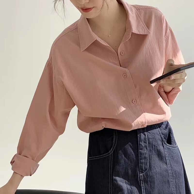 Early Autumn Korean Style Long Loose Retro Shirt Women Blouse Lazy Solid Color Sleeve Chemisier Femme 10320 210518