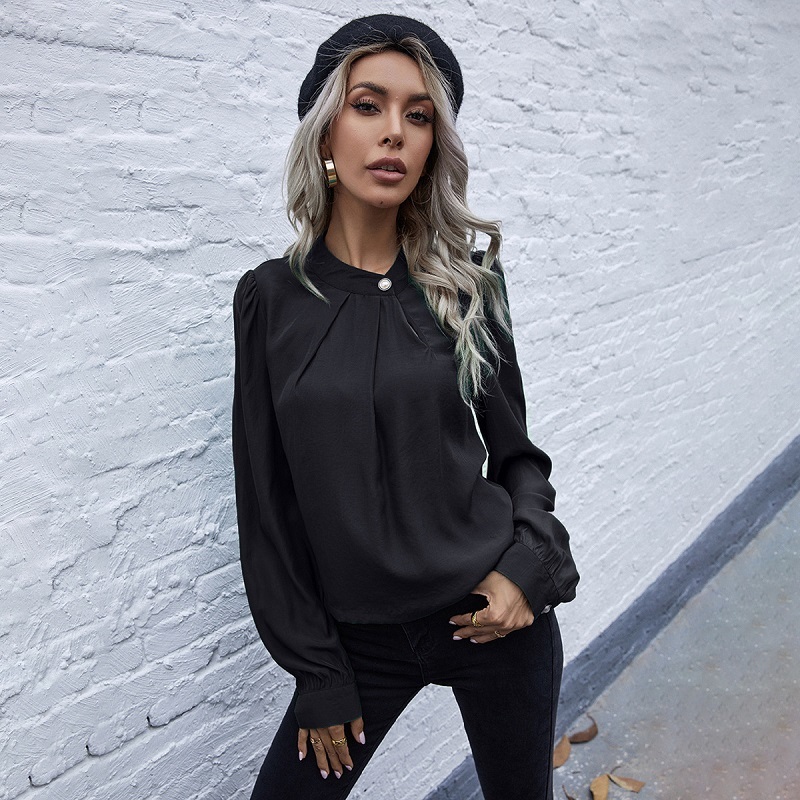 Fashion loose elegant pearl button shirt tops for women autumn and summer womens clothes Solid blouse Office Lady s 210508