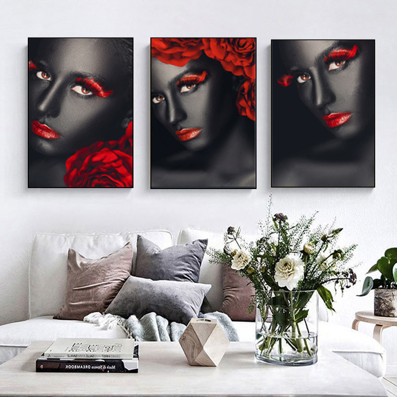 Black Woman Red Lips Posters And Prints Canvas Painting Nordic Style Abstract Portrait Picture Wall Art For Living Room no frame