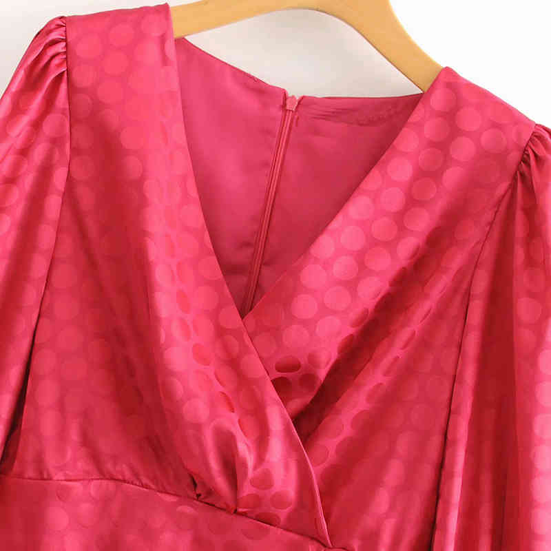 Women Elegant Polka Dot Pleated Satin Dress V Neck Lantern Sleeve Party Mini Ladies Vintage es Vestido Mujer 210515