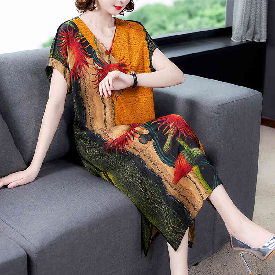 Summer High Quality Mulberry Silk Dress Fashion Vintage Print 4XL Plus Size Runway Midi Dress Elegant Women Bodycon Vestido 210331