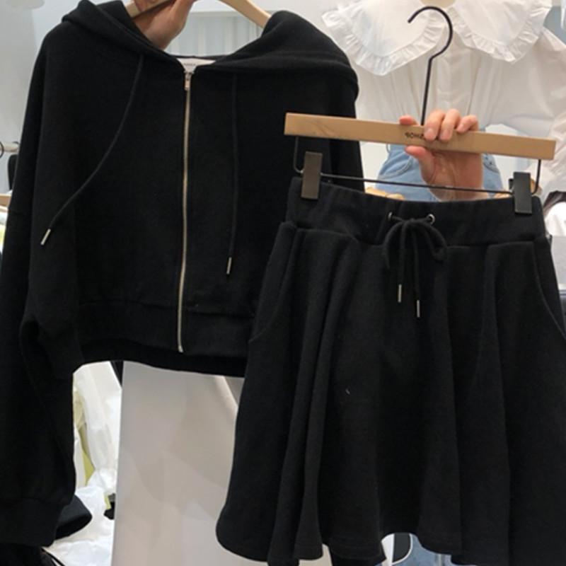 Nomikuma Women Skirt Sets Zipper Hooded Sweatshirt Coat + Lace Up Wait A-line Mini Skirt Korean Spring 2pieces Suits 6G544 210427