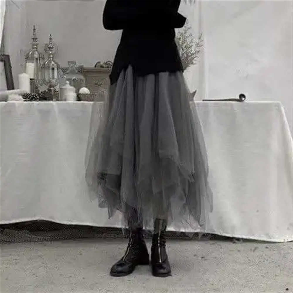 Gothic Gray Tulle Long Irregular Pleated Skirts Elastic High Waist A-Line Mesh Midi Skirts Vintage Punk Streetwear 210619wtt
