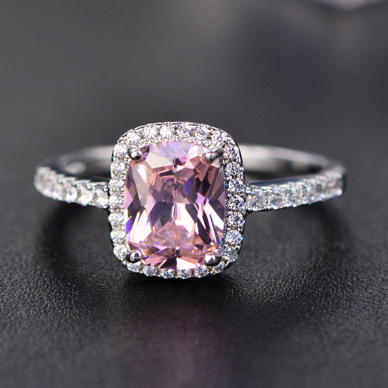 925 Sterling Silver set with Square Pink Simulated Diamond Zircon Ring Engagement Wedding Band Jewelry For Women