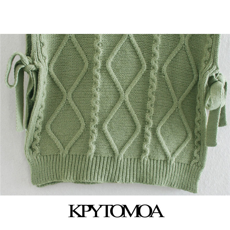 Women Fashion With Bow Tied Cable-knit Vest Sweater High Neck Sleeveless Female Waistcoat Chic Tops 210420