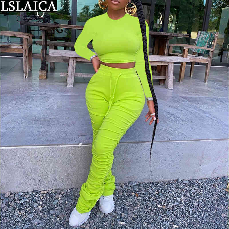2 Peice Set Women Solid Long Sleeve o Neck Crop Top Drawstring Stacked Pants Sweatsuit Autumn Casual Outfits Slim Tracksuit Ropa 210515
