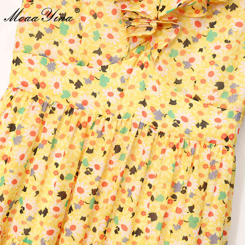 Summer Runway Chiffon Dress Women Sleeveless Ruffle Fashion Bohemian Floral print Holiday Midi 210524