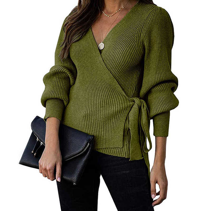 Korean Style Autumn Winter Woman Sweaters Ladies V-neck Lantern Sleeve Slim Fit Sweater Cross Waistband Loose Black Sueter Mujer 210604