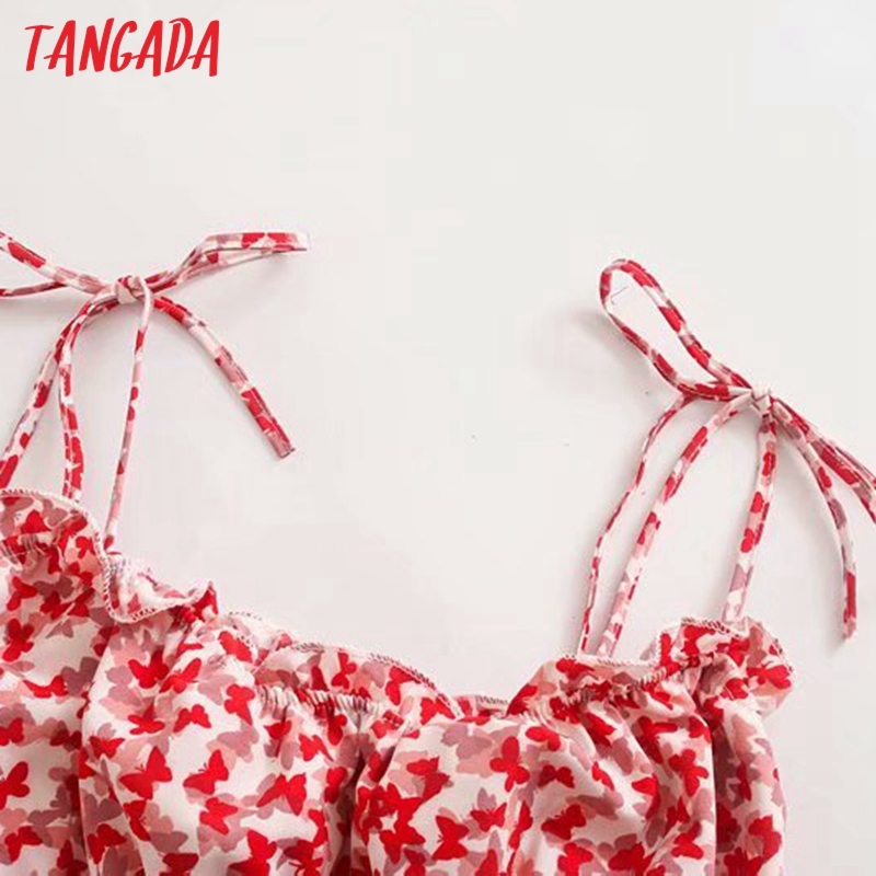 Women Red Floral Print Camis Crop Top Spaghetti Strap Sleeveless Backless Short Blouses Shirts Tops 3D58 210416