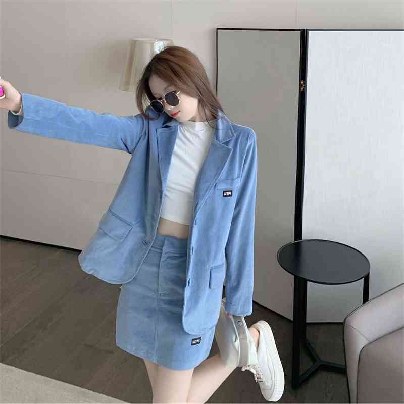 Korean Corduroy Two Piece Skirt Suit Set Women Single-breasted Blazer + Mini Outfits Fashion Office Streetwear Female 210514
