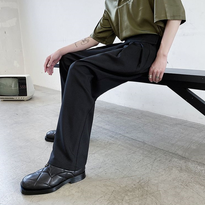 IEFB / Korean style adjustable high waist wide leg pants men casual loose wide leg pants for men trousers fold front 9Y4217 210524