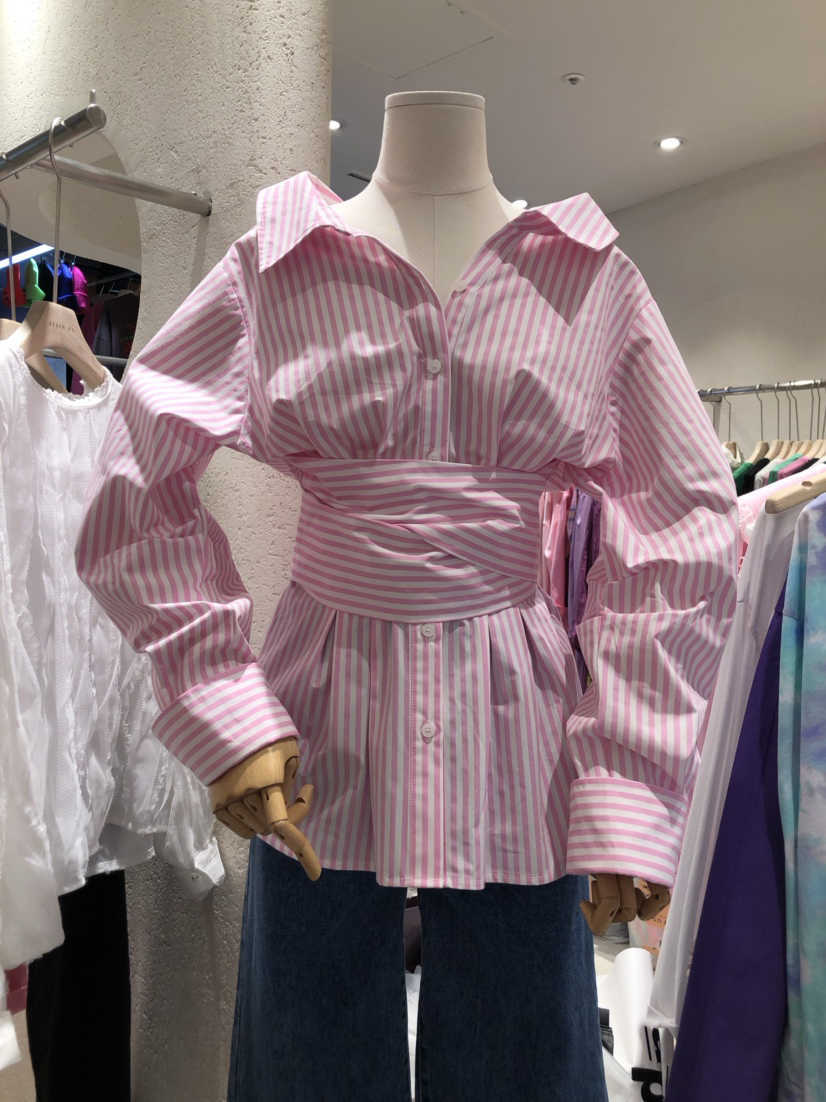 Spring All Match Turn Down Collar Stripe Tie Waist Casual Full Shirt Womens Tops 210615, Pink
Spring All Match Turn Down Collar Stripe Tie Waist Casual Full Shirt Womens Tops 210615, Pink
