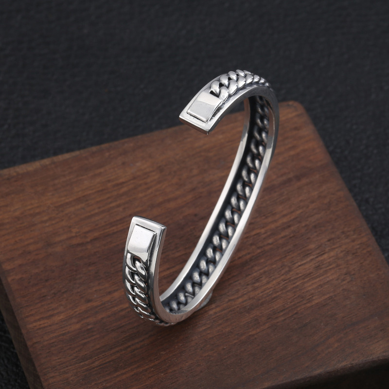 Genuine 925 Sterling Silver Jewelry Trend Fashion Men And Women Bracelet Thai Silver Simple Woven Open Bracelet 210507