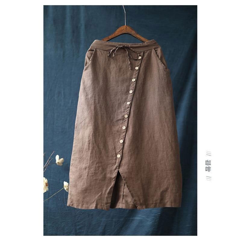 Summer Arts Style Women High Waist Casual Long Skirt Single-breasted 100% Linen Vintage Femme Saia Longa M290 210512