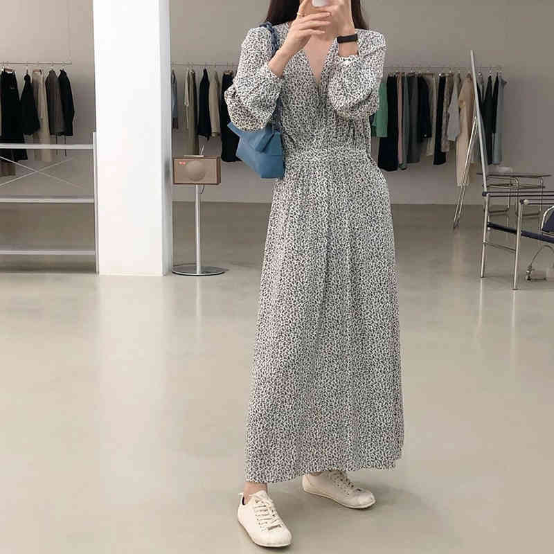 Ink Korean Chic Cross V-neck Floral Dress Long Puff Sleeve Maix Dresses Print Vintage All Match Summer Casual Robe 210519