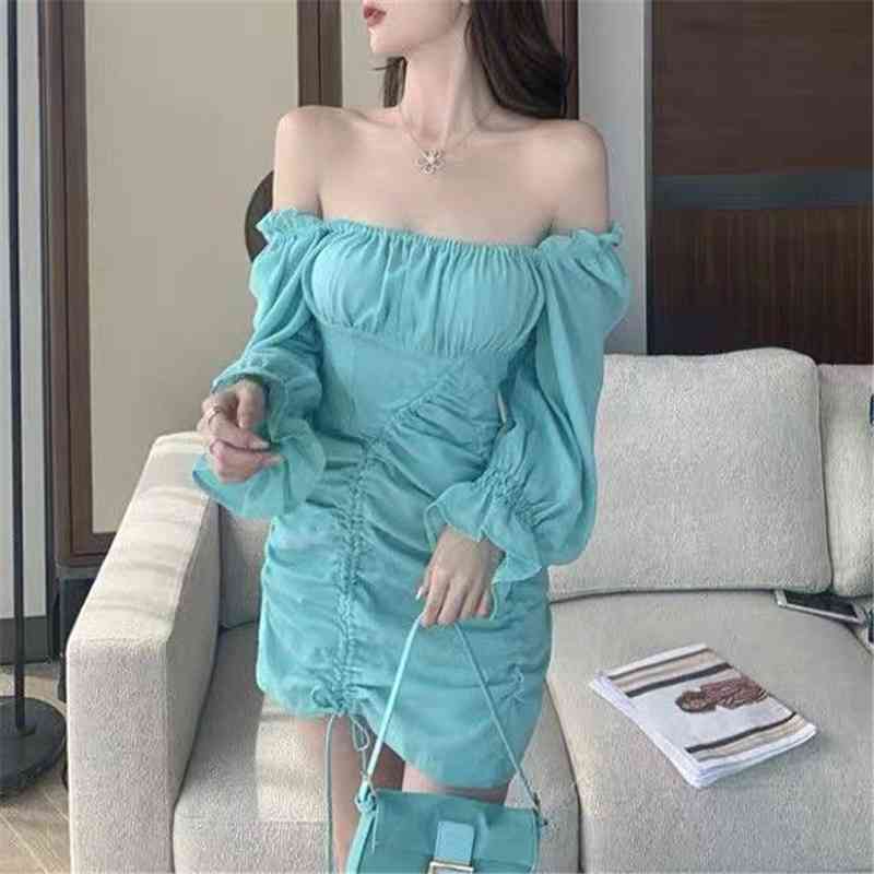 Elegant Women Chic Draped Dress Fashion Ladies Square Collar Slim Vestidos Sweet Female Sexy Drawstring Mini Dresses 210430