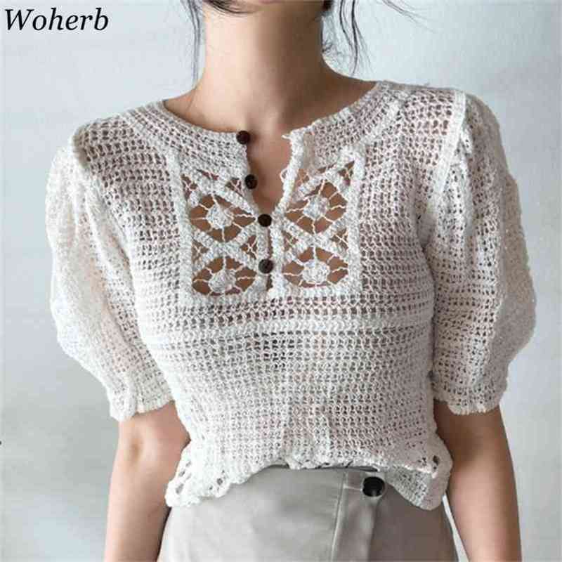 Summer Knitted Hollow Thin Sweaters Tops Women Short Puff Sleeve V-neck Casual Fashion Korean Elegant Ladies Pullovers 210519, White
Summer Knitted Hollow Thin Sweaters Tops Women Short Puff Sleeve V-neck Casual Fashion Korean Elegant Ladies Pullovers 210519, White