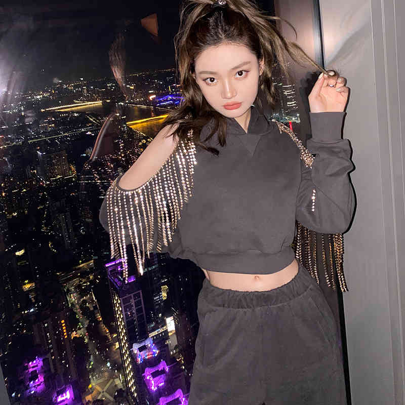 VGH Loose Patchwork Tassel Set For Women Hooded Collar Off Shoulder Tops High Waist Casual Pants Female Sets Spring Tide 210421