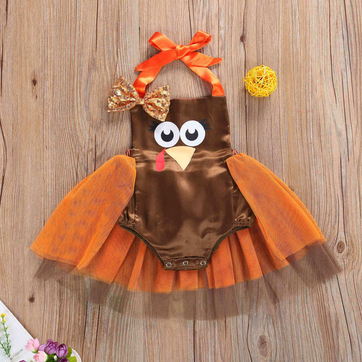 0-18M Thanksgiving Day Baby Girl Clothes born Infant Girls Sequins Tulle Romper Cartoon Turkey Party Jumpsuit 210515