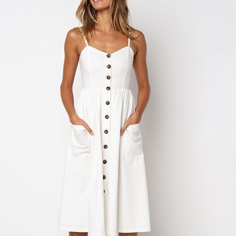 Sexy Summer Midi Dresses Women's Boho Backless Sleeveless Button Striped Dot Solid Ladies Dress Slip Sundress With Pockets Robe 210522