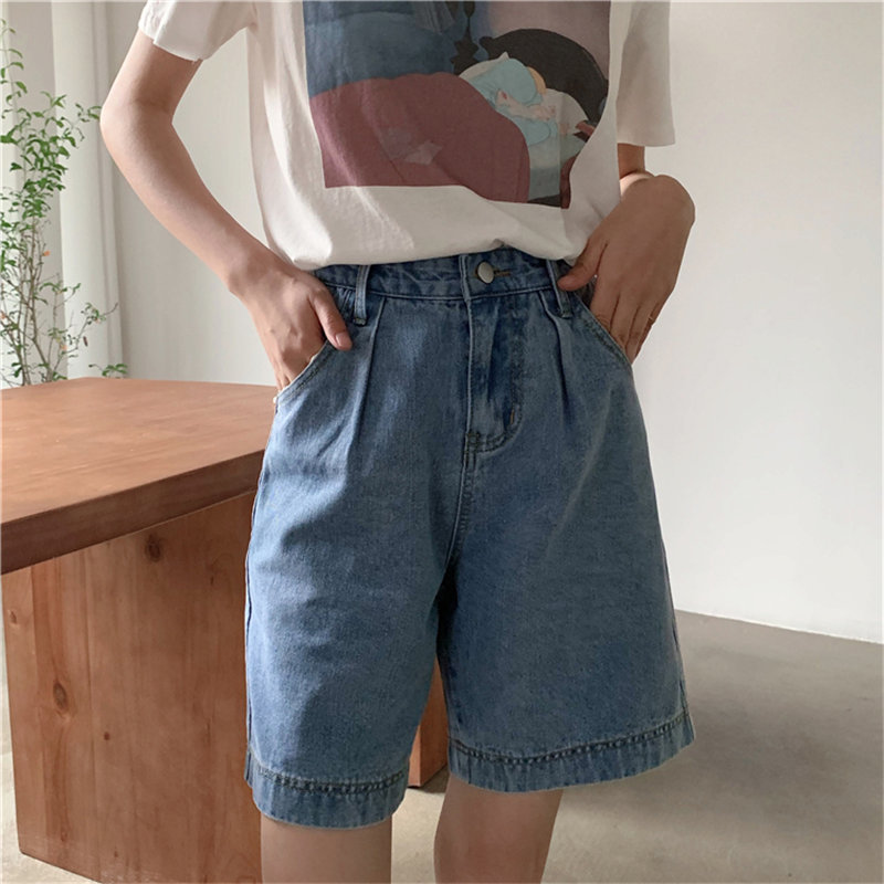 Feminino Cowboy Female Straight Casual High Waist Chic Fashion Women Solid Denim Light Washed Summer Shorts 210421