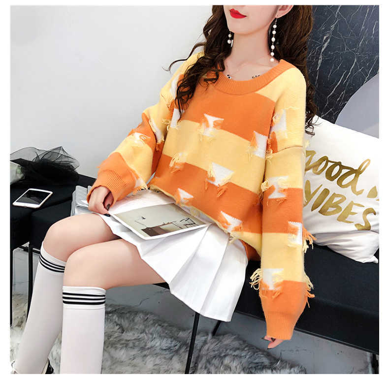 H.SA Women Pullover and Sweaters Oneck Long Sleeve Loose Knitwear Broken Hole Korean Knit Jumpers Pink Pull Sweater Casual Tops 210716