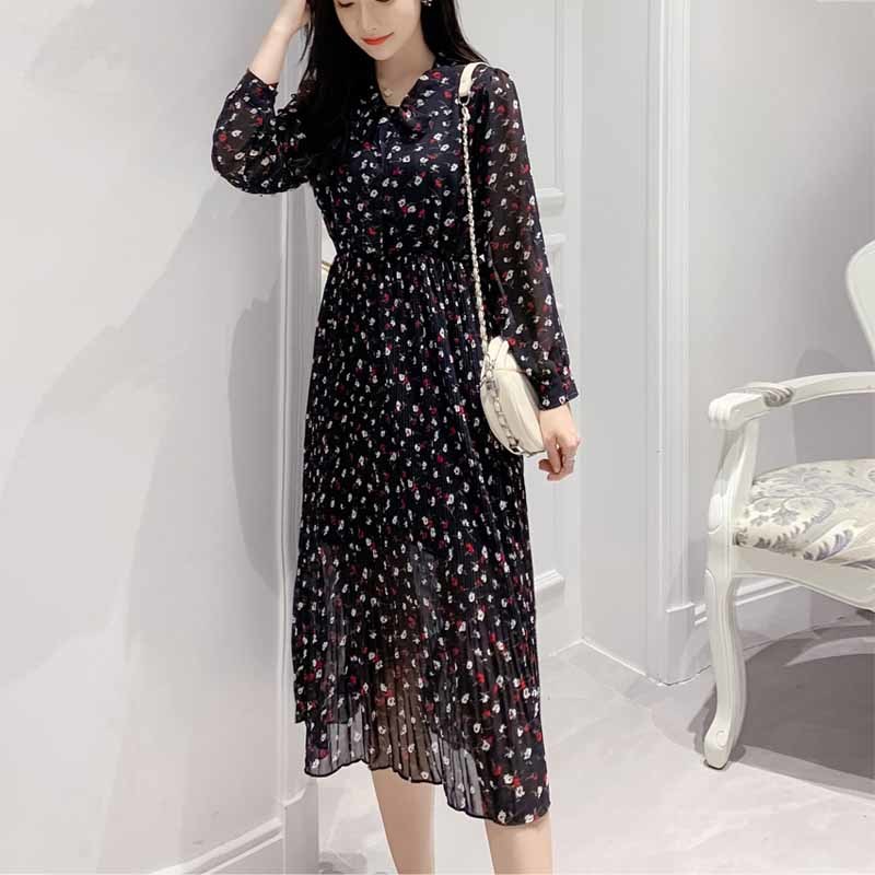 Women Autumn Floral Print Chiffon Dress Sweet Long Sleeve High Waist A-line Bow Empire Mid-Calf Pleated Vestidos 10771 210518