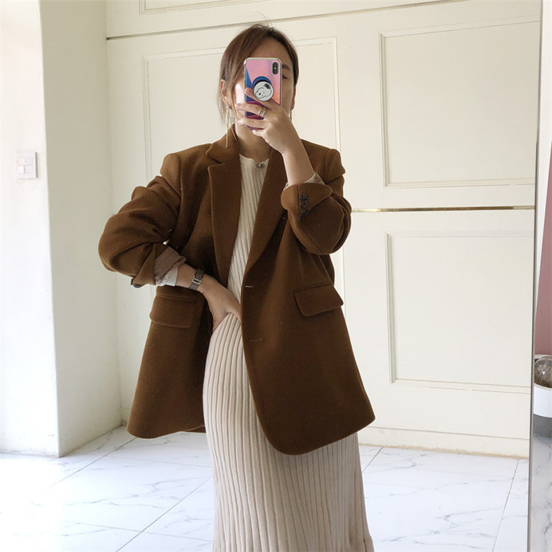 Loose Women Plus Size Vintage Solid Brief Feminine Woolen Warm All Match Retro Chic Office Lady Blazer 210421