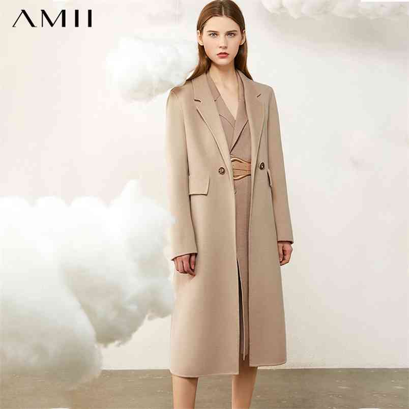 Minimalism Winter 100%wool Women's Coat Temperament Lapel Knee-length Double-sided Woolen Women 12030467 210527