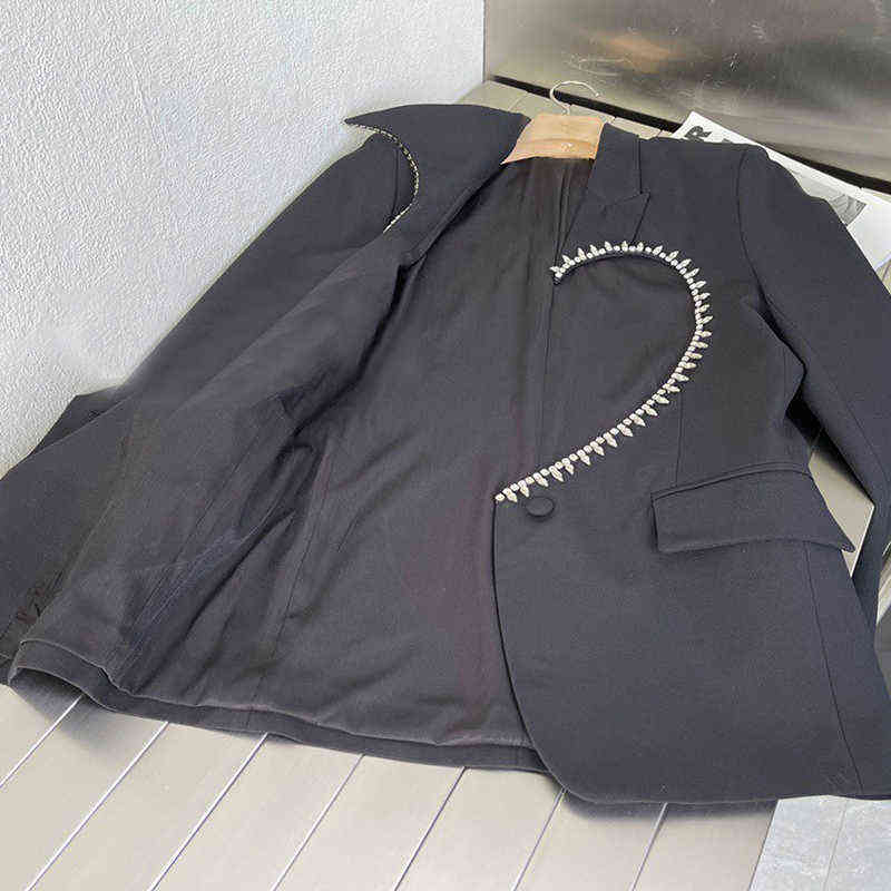 VGH Black Casual Patchwork Diamonds Female Blazers Notched Long Sleeve Korean Fashion Cut Out Loose Jackets Autumn Clothing 211122