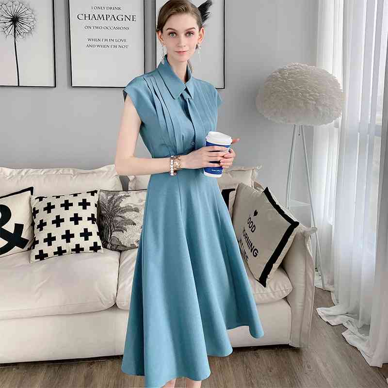 Dabuwawa Blue Tie Pleated Shirt Top Long A-Line Skirt Set Women Short Sleeve Elegant Two Pieces Sets Office Lady DT1BSA008 210520