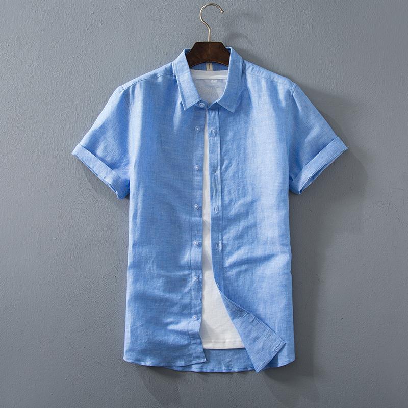 Men's Casual Shirts 2021 Summer Linen Shirt Fashion Classic Style Solid Color Short Sleeve White Male Brand Clothes Pink Gray