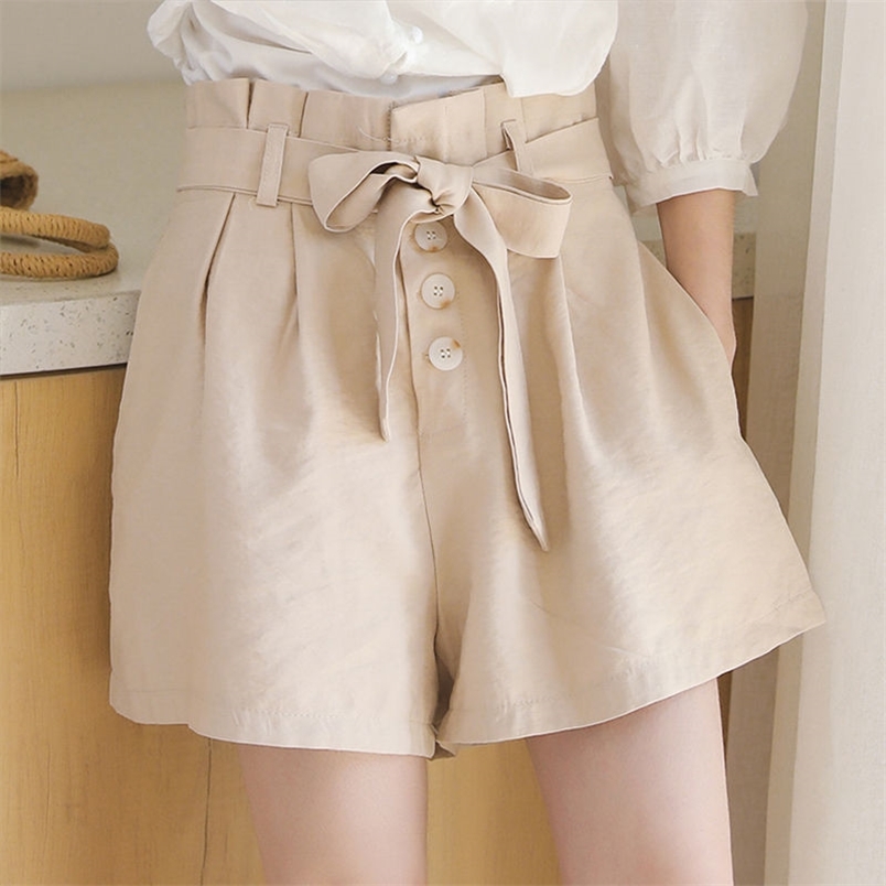 Summer Korea Fashion Women Student Loose High Waist WideLeg Pants Bow Drawstring Casual Khaki Plus Size D193 210512