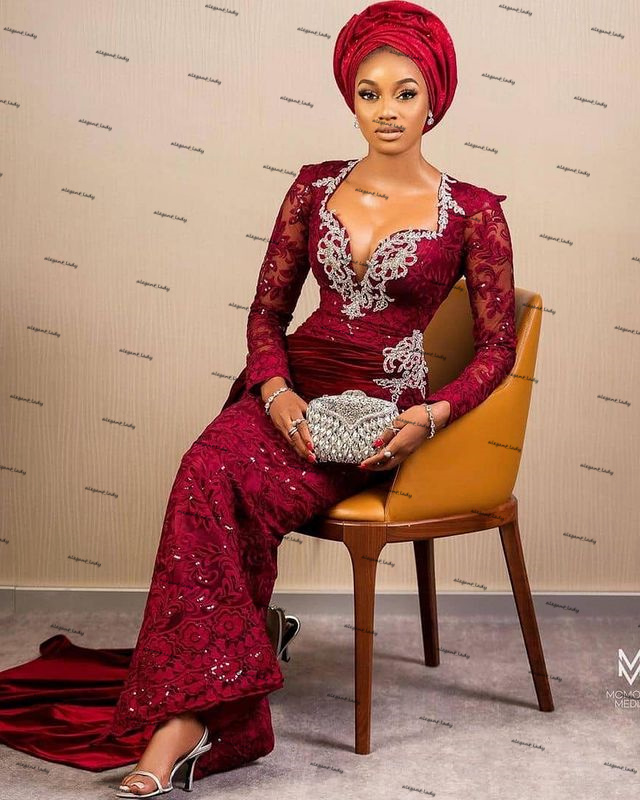 Aso Ebi Burgundy Sparkly Prom Dresses Long Sleeve Sequins Lace Applique African Pleated Ribbon Mermaid Evening Wear Gowns