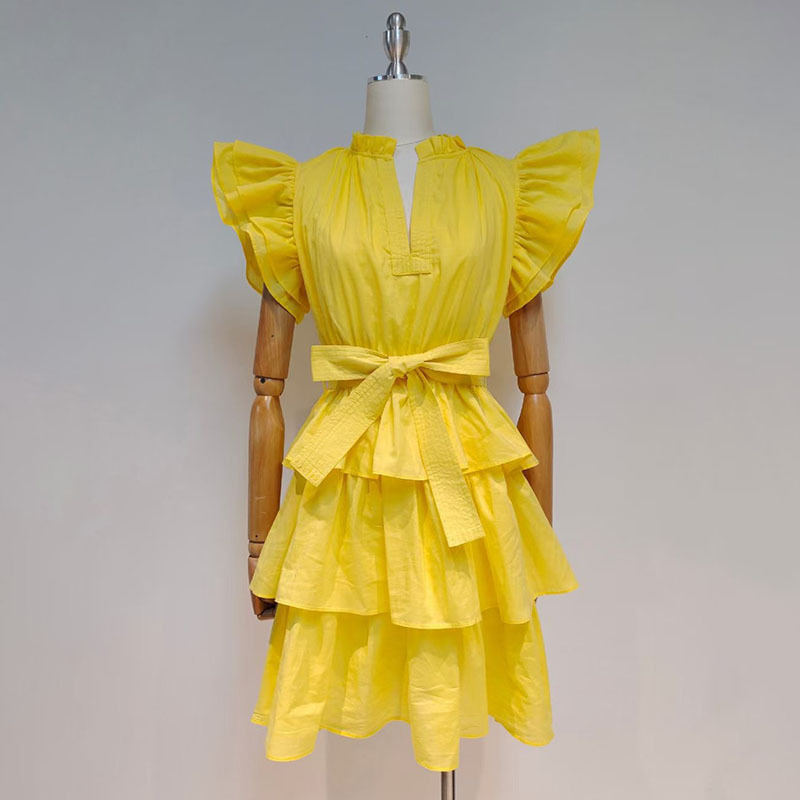 VGH White Casual Dress For Women Stand Collar Short Sleeve High Waist Lace Up Bowknot Patchwork Ruffle Mini Dresses Female 210421