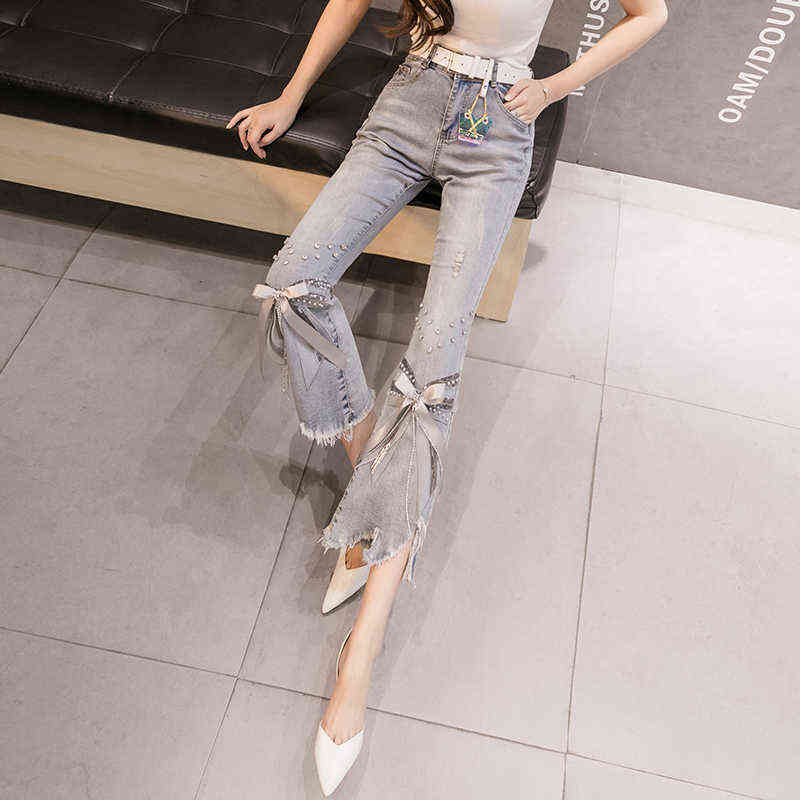 High Waist Jeans Women Ripped Cropped Women's Spring Summer Irregular Beaded Bow Flared Denim Pants Ladies 211129