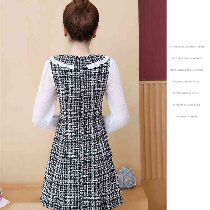 Autumn And Winter Tweed Dress Women Long Sleeve Patchwork Korean Chic Elegant Sweet Party Vestidos 210520