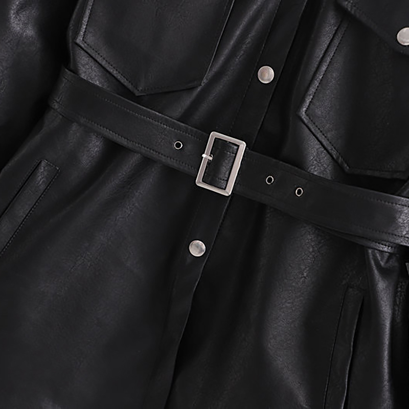 Faux Leather Jackets Women Fashion PU Black Coat Elegant Belt Waist Pockets Buttons Female Coats Streetwear Ladies 210515