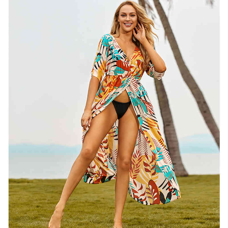 Sexy Bikini Cover-ups Cotton Tunic Boho Printed Summer Wrap Dress Elegant Women Plus Size Beach Wear Swim Suit Cover Up Q1112 210420