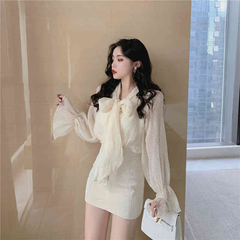Harajuku Shirt Korean-Style Long-Sleeved Translucent Bow Stand Collar Polka Dot Chiffon Lace Top Women Blouse 988G 210420