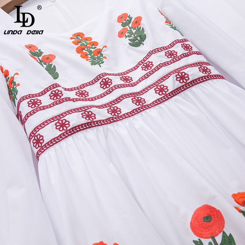 Summer Fashion Designer Mini Cotton Dress Women Long sleeve Beautiful Flower Embroidery Elegant White 210522