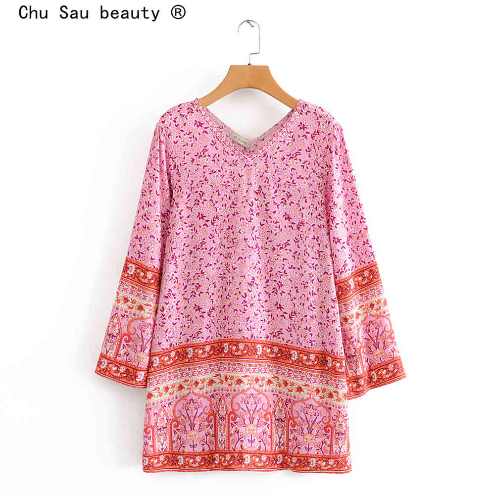 beauty Fashion Floral Print Boho Mini Summer Dress Women Holiday Chic V-neck Loose Beach Dresses Mujer Vestido 210514
