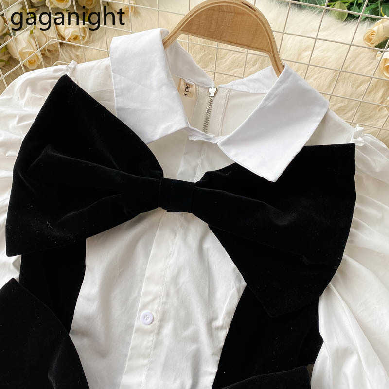 Fashion Slim Women Shirts Big Bows Single Breasred Back Zippers Lady White Turn-down Collar Lantern Sleeve Blouse 210601