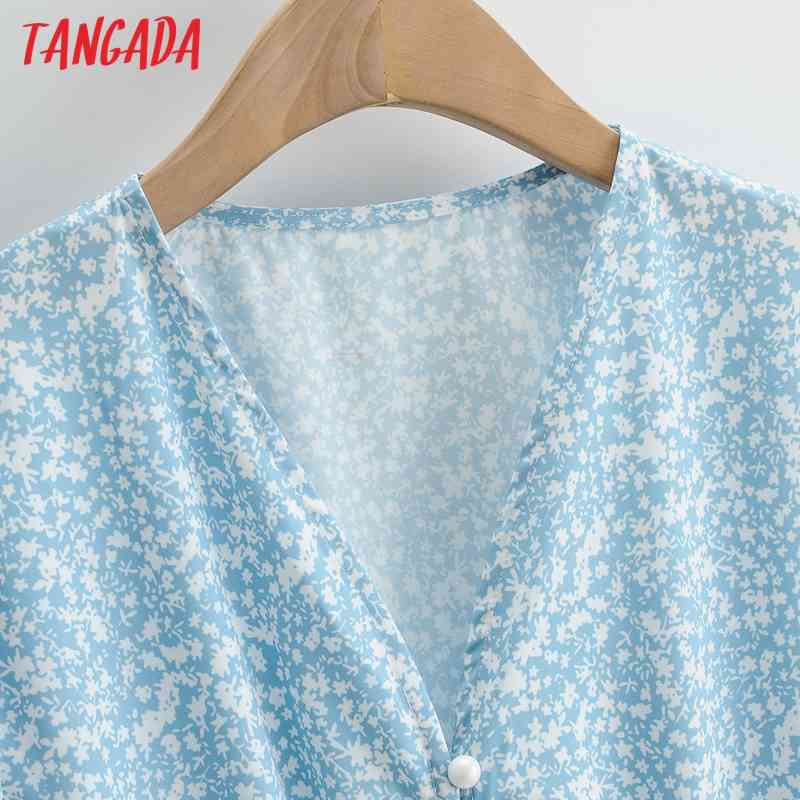 Summer Women Blue Floral Bow V Neck Short Sleeve Ladies Mini Dress Vestidos 1F115 210416