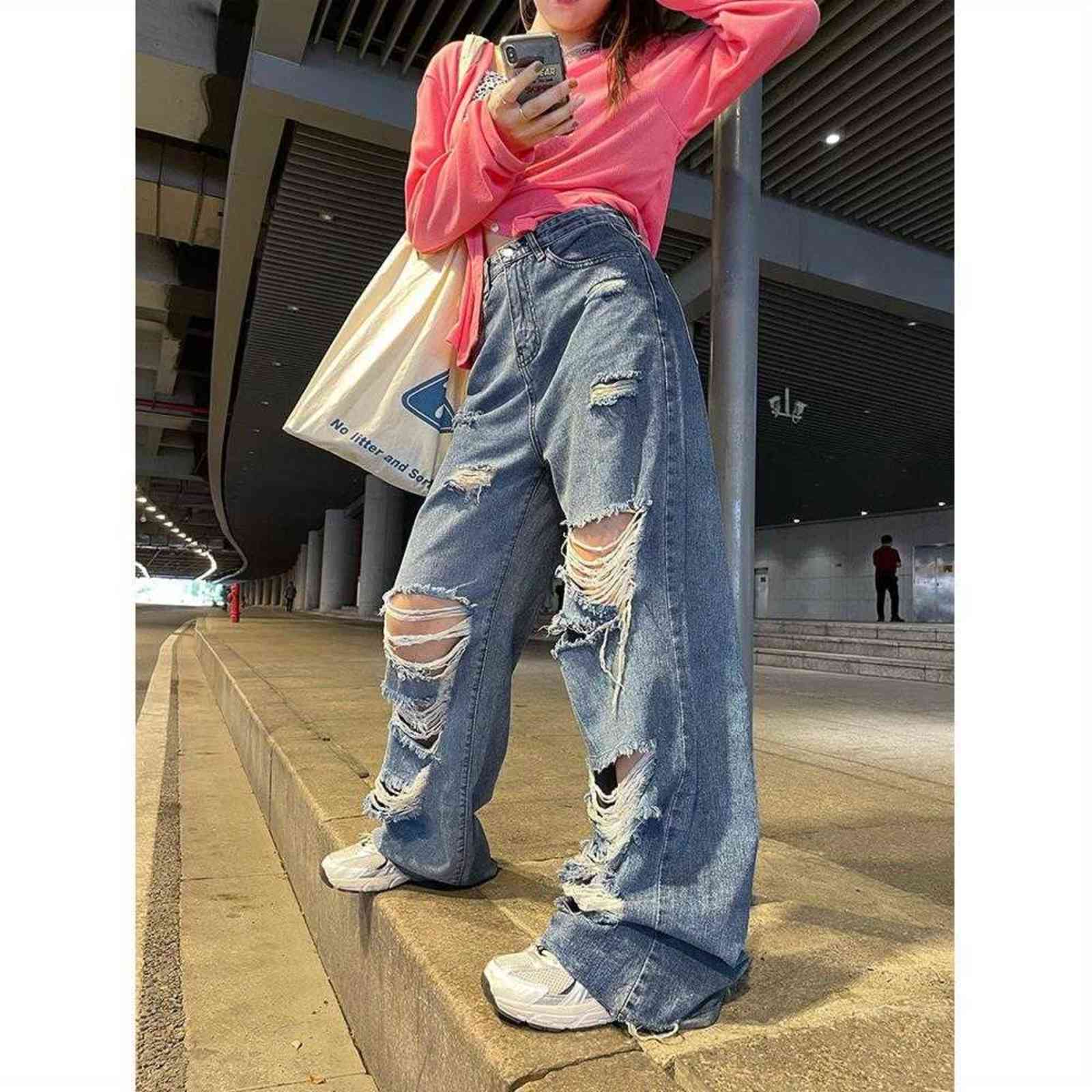 Streetwear Straight Pants Ladies Ripped Jeans High Waist Loose Wide Leg Y2K Summer Plus Size Street Jean 211129