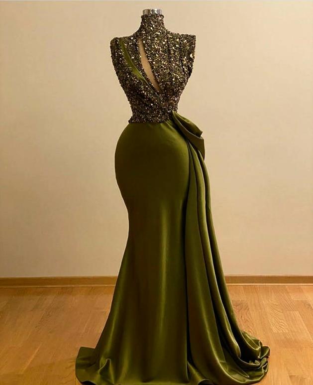 Luxury Long Evening Dresses 2021 High Neck Mermaid Style Beaded Dubai Women Olive Green Satin Formal prom Gowns