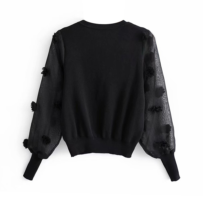 Black Mesh Patchwork Pullover Sweater, Transparent Long Sleeve Knitted Jumper For Women B4