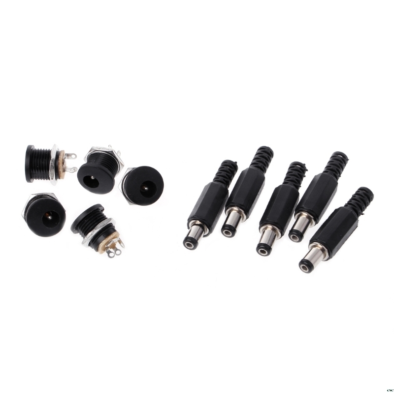 5 Pcs 5.5 Mm X 2.1 Mm Male Dc Power Plug Connector + 5 Pcs Screw Lock Female Panel Socket mount Adapter
