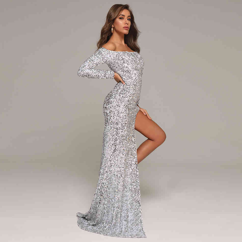 Summer Women Silver Sequins One Shoulder Long Sleeve Dress Sexy Floor Length Club Evening Runway Party Maxi 210423